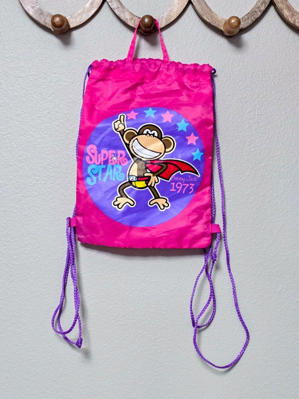 VTG Y2K Bobby Jack Super Star Drawstring Mini Backpack Pink Cinch Bag